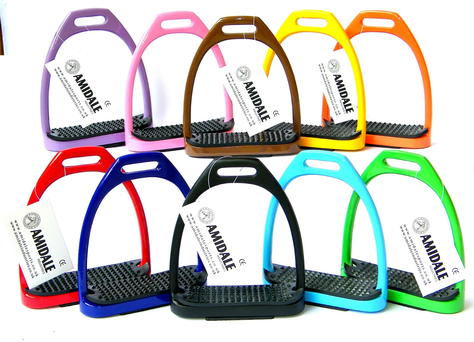 ALUMINUM LIGHT WEIGHT STIRRUPS HORSE RIDING WITH TREADS 10 COLORS FROM AMIDALE