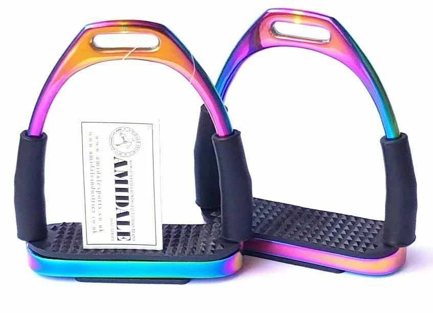 AMIDALE RAINBOW FLEXI SAFETY STIRRUPS HORSE RIDING BENDY IRONS BNWT