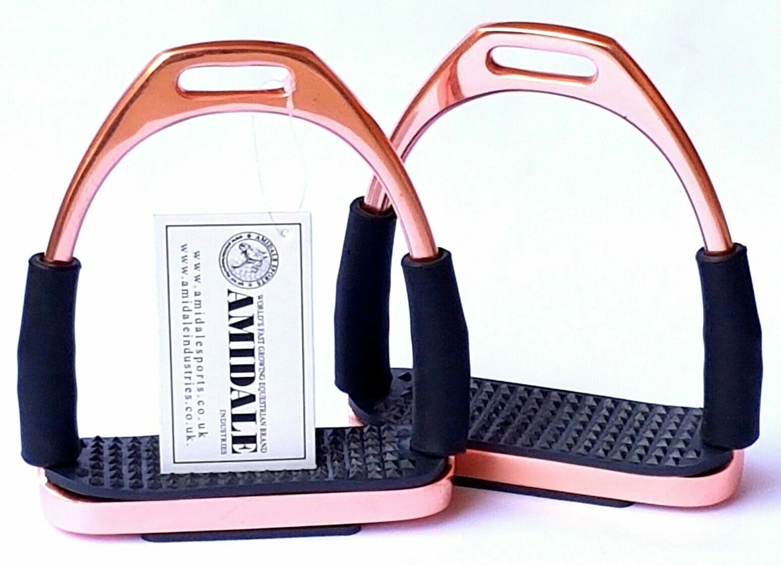 AMIDALE ROSE GOLD FLEXI SAFETY IRONS STIRRUPS HORSE RIDING STAINLESS STEEL BNWT