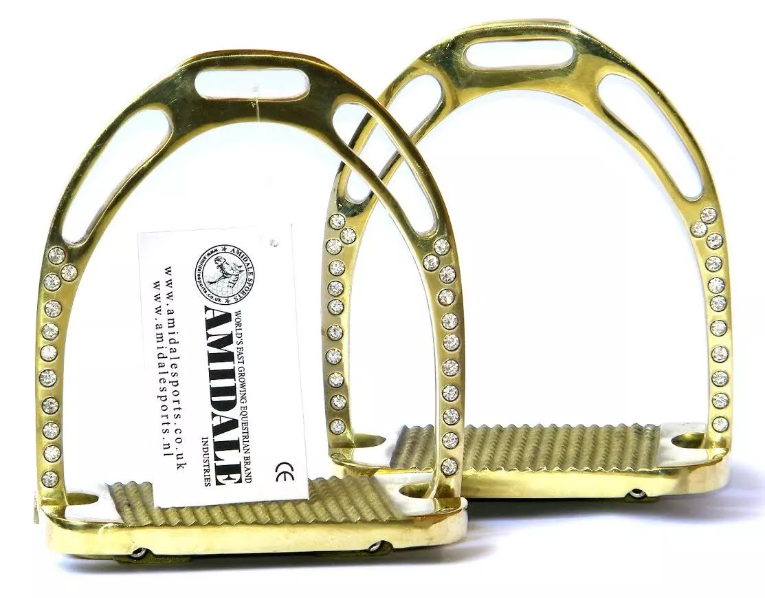 JINN STIRRUPS HORSE RIDING EQUESTRIAN BRASS GOLDEN WITH 22 CRYSTALS FROM AMIDALE