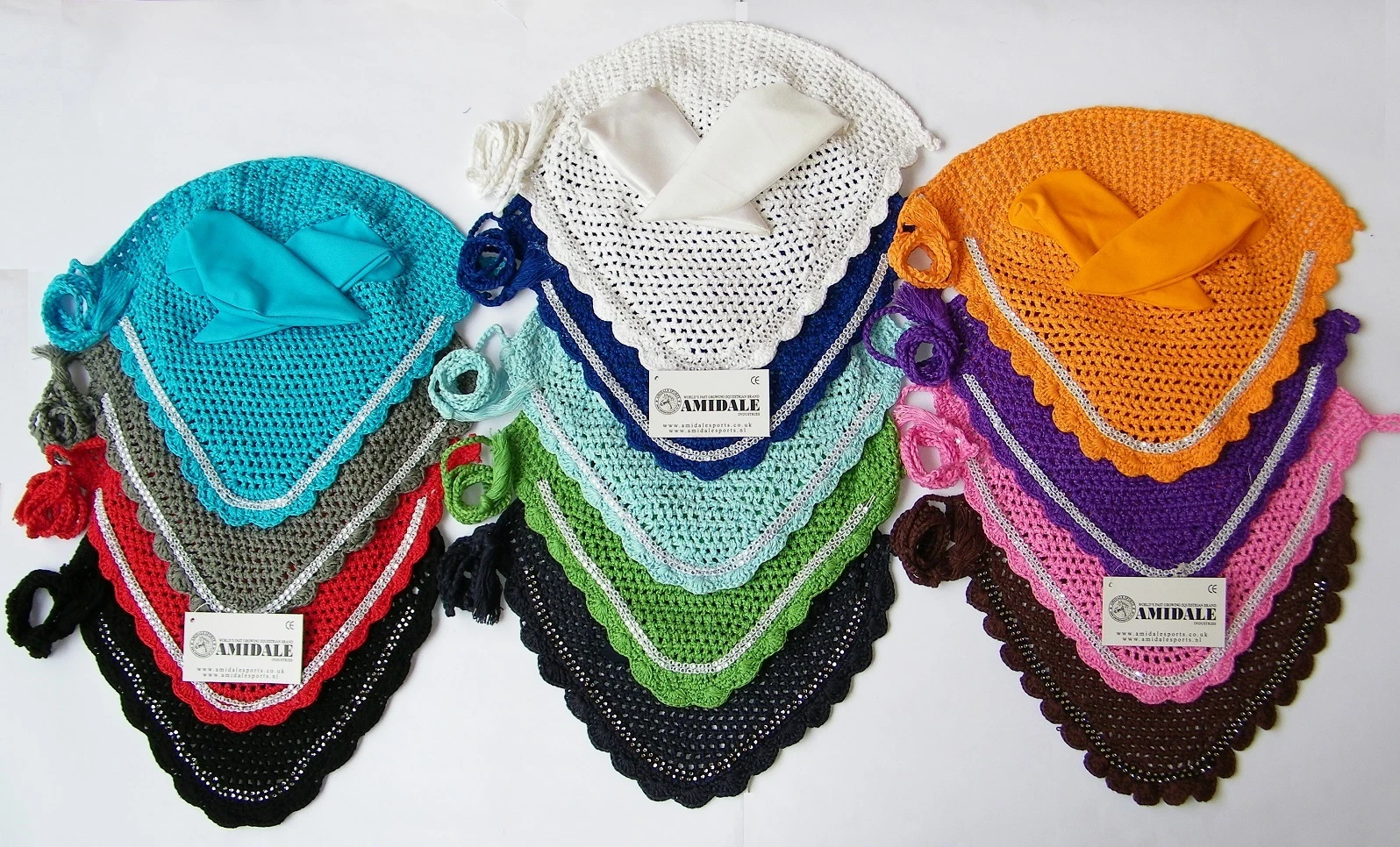 EAR NET FLY VEIL CROCHET 13 COLORS WITH CRYSTALS HORSE RIDING FULL PONY COB