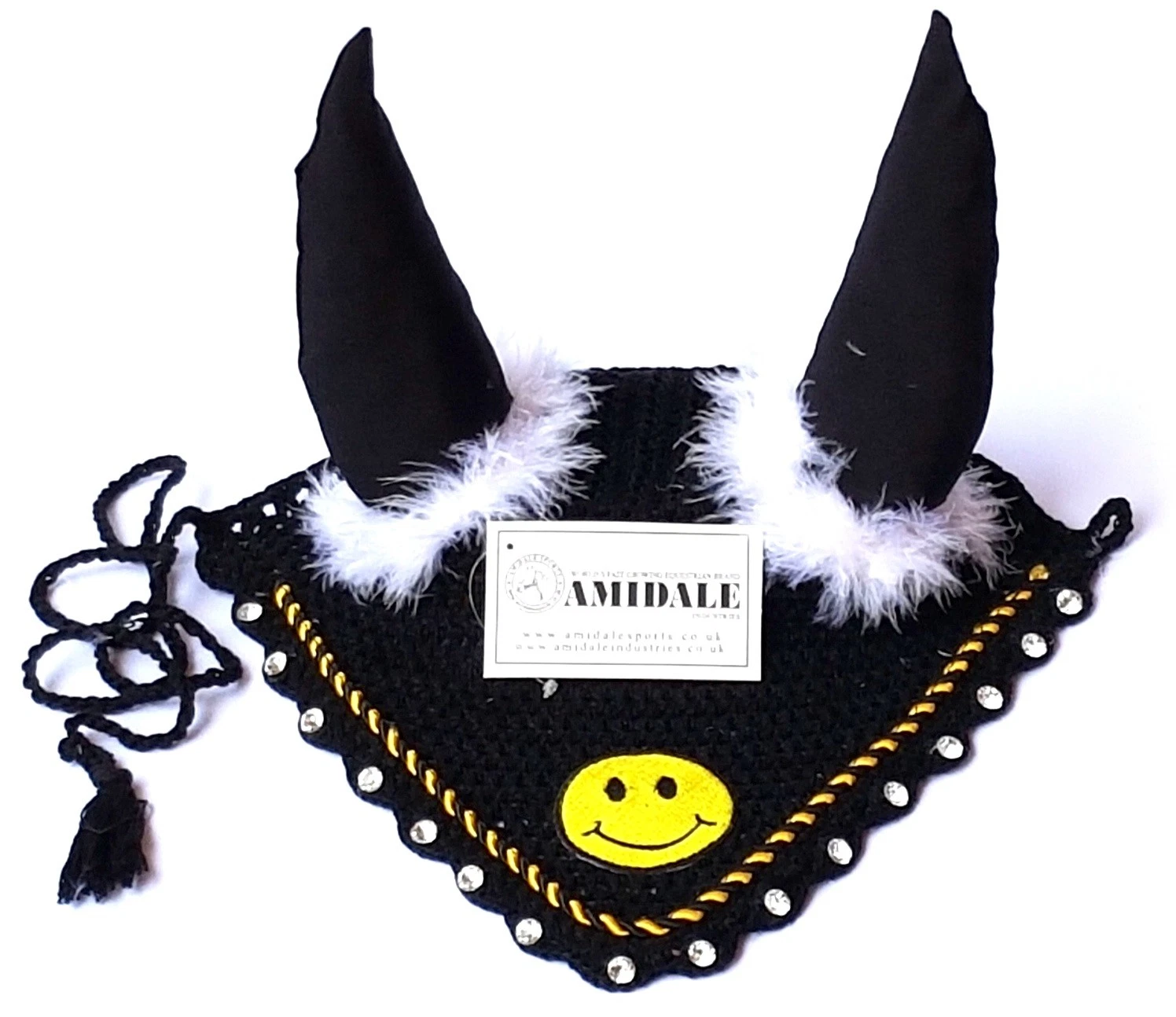 FLY VEIL EAR NET SMILEY EMBROIDERY DESIGN HORSE EQUESTRIAN DIAMANTE BNWT